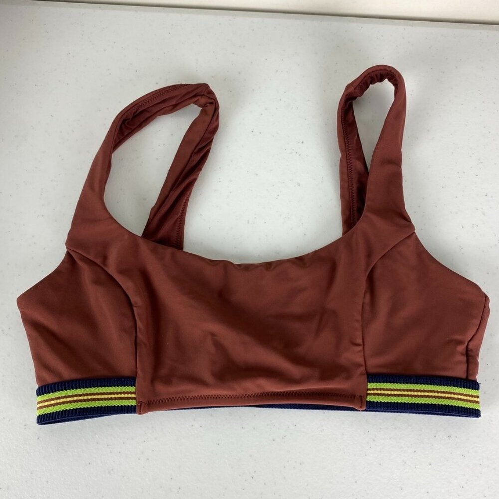 Aerie Scoop Brown Bikini Top Swim Wide Strap Striped Retro